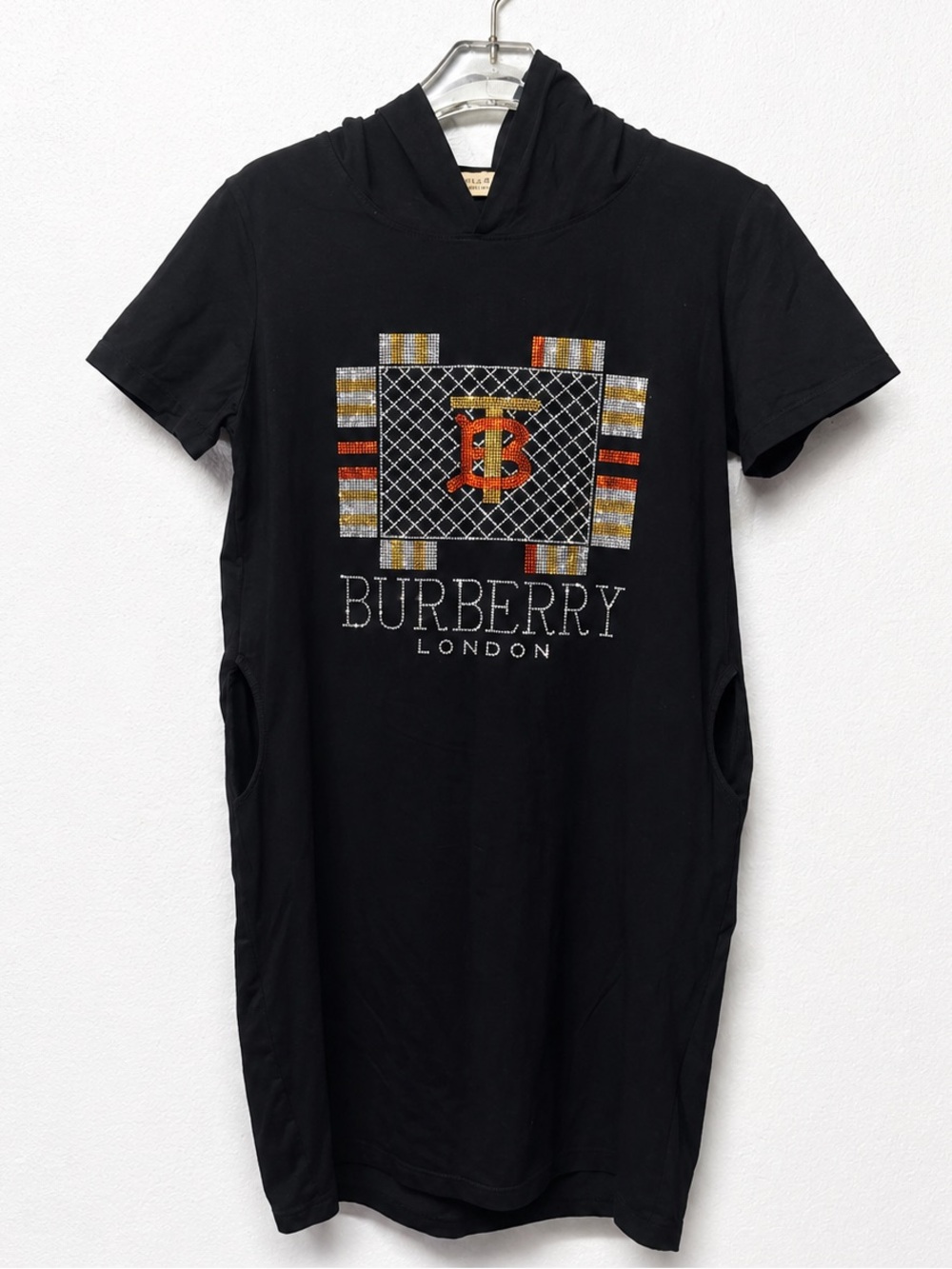 Rhinestone Logo Hoodie T-shirt Dress Black Athleisure Streetwear